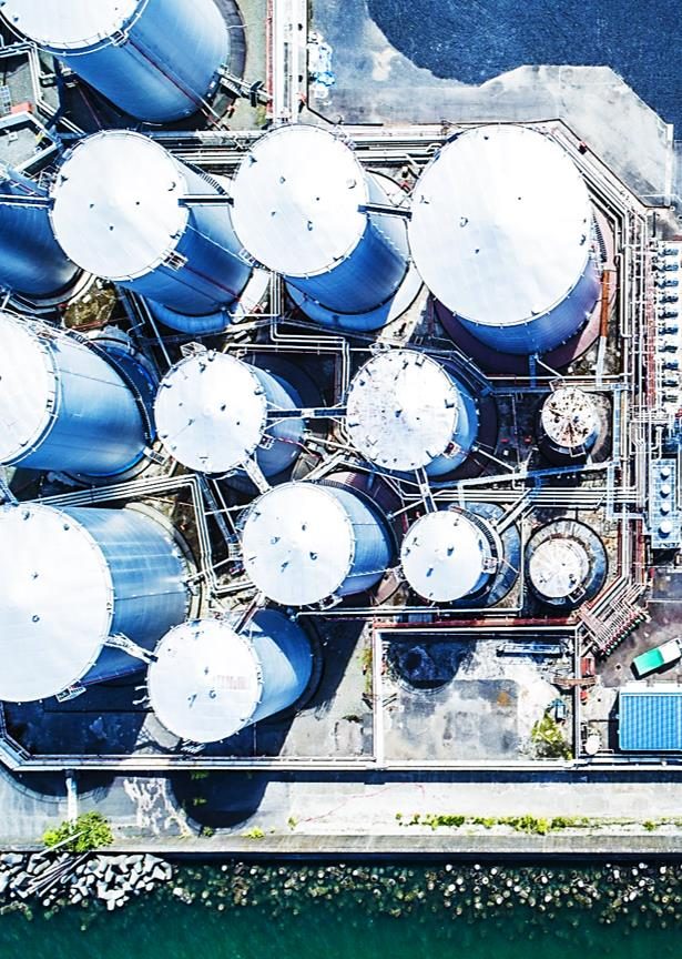 Aerial view of petrochemical storage tanks